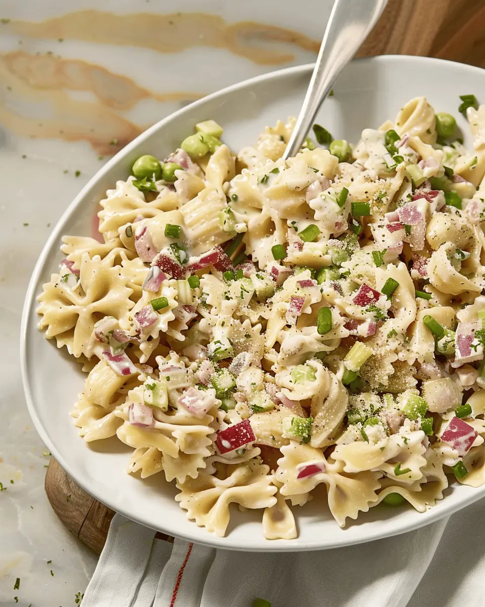 French Onion Dip Pasta Salad with Turkey Bacon and Chicken Ham