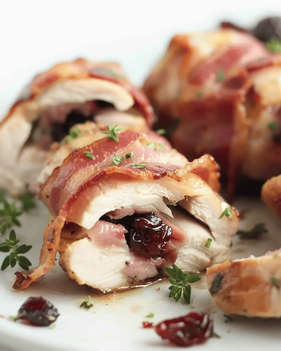 Turkey Bacon Wrapped Cranberry Brie Stuffed Chicken Delights
