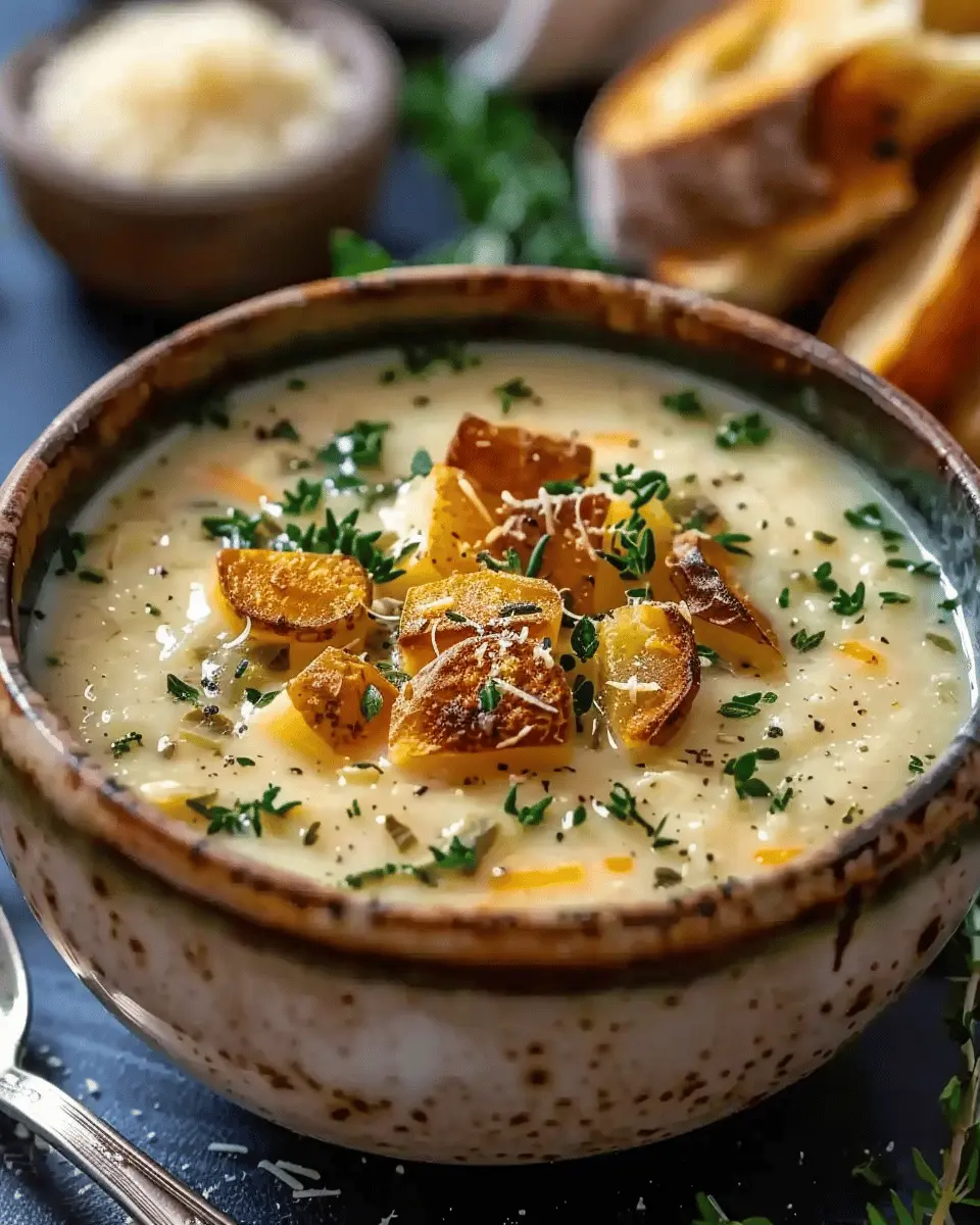 Hearty Cheddar Garlic Herb Potato Soup with Turkey Bacon Delight