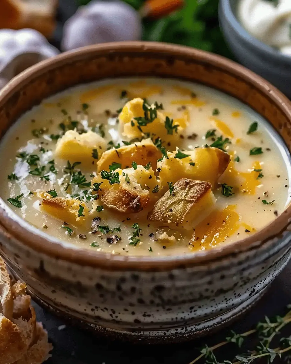 Hearty Cheddar Garlic Herb Potato Soup with Turkey Bacon Delight