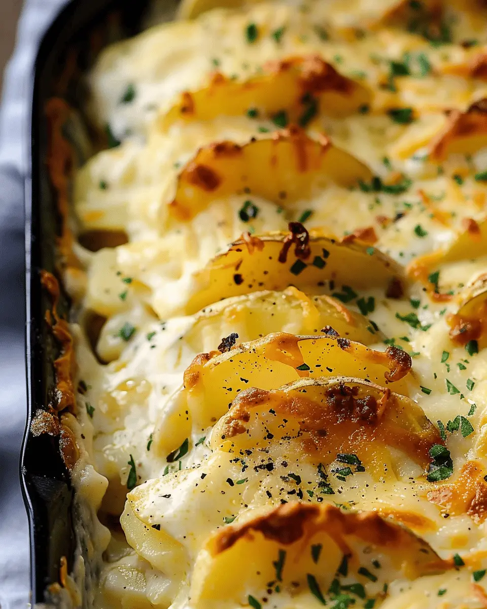 Cheesy scalloped potatoes with turkey bacon and chicken ham delight