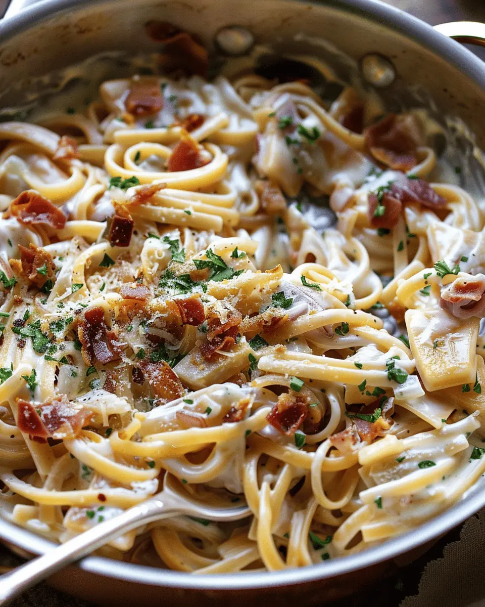 One Pot French Onion Pasta with Crispy Turkey Bacon Delight