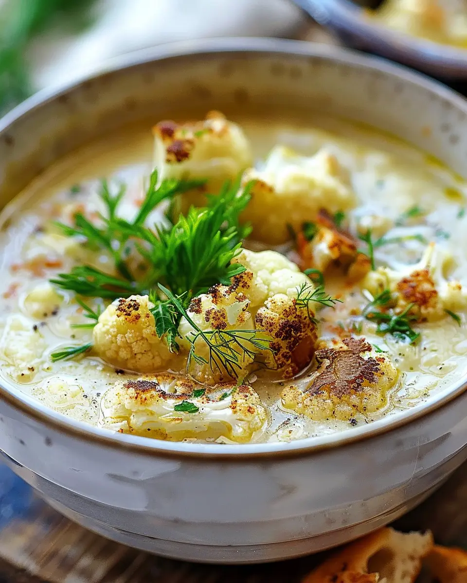 Creamy Roasted Cauliflower Soup with Mediterranean Flair Delight