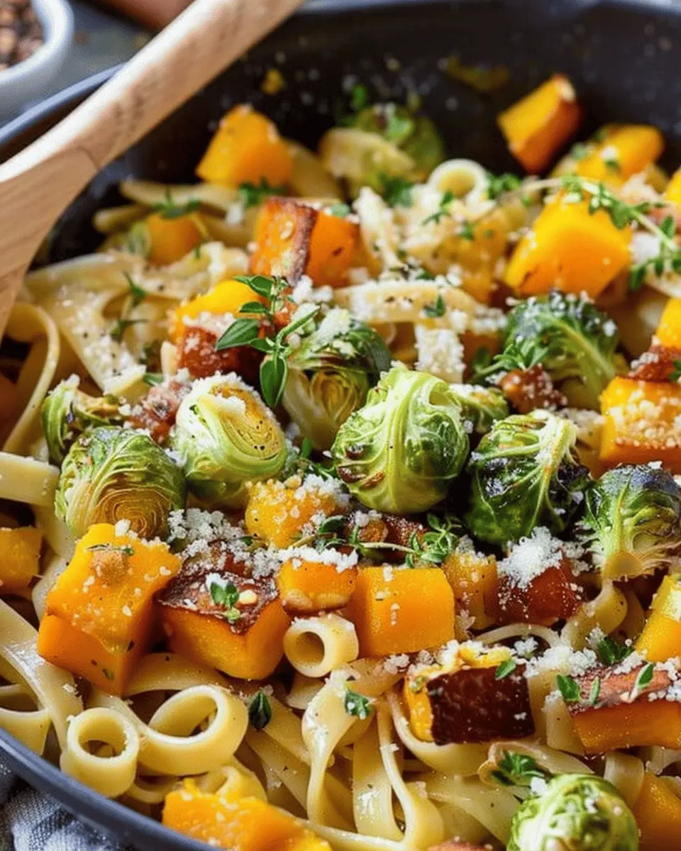Brussels Sprouts and Butternut Squash Pasta with Turkey Bacon Delight