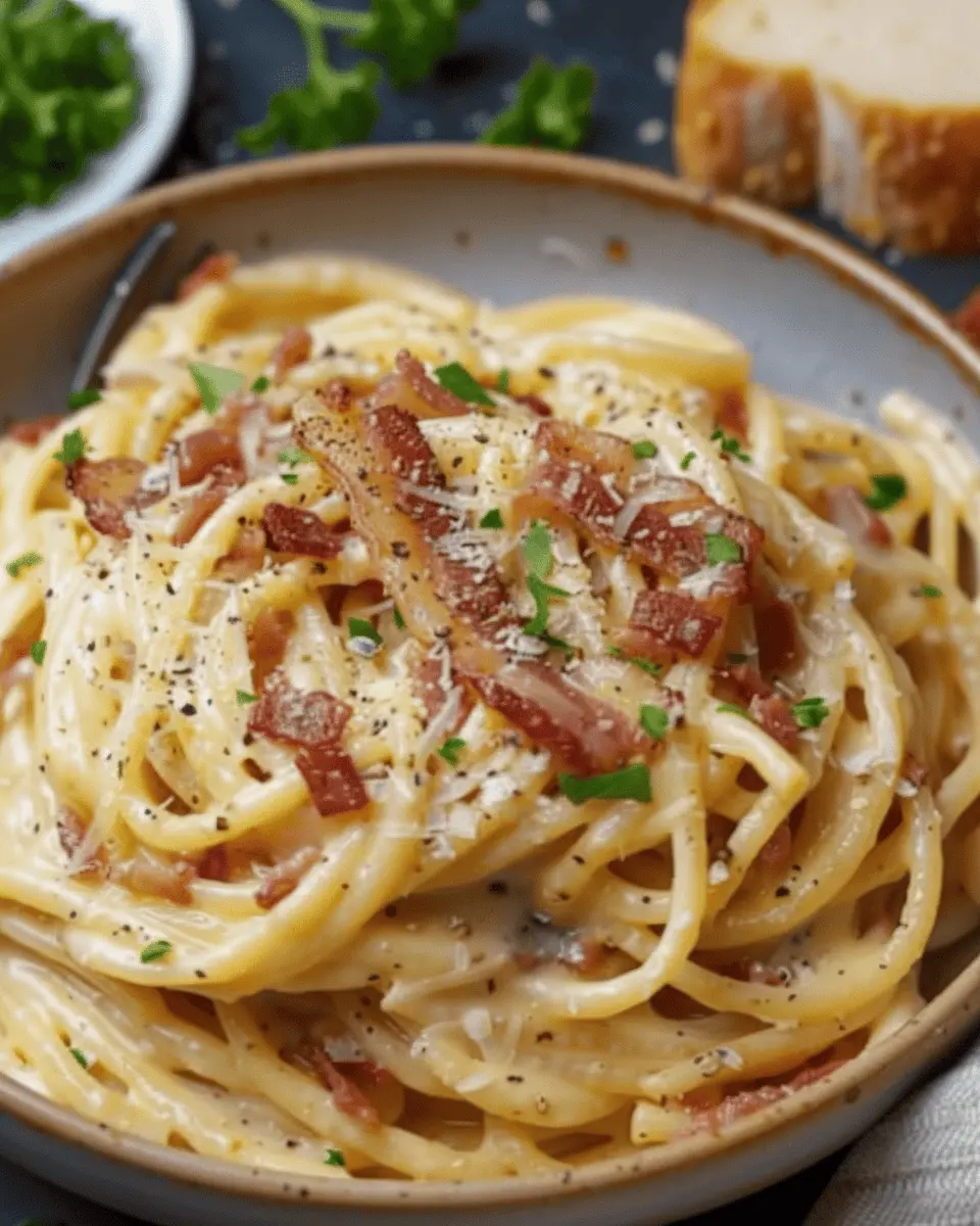 Classic Bacon Carbonara Pasta with Turkey Bacon and Chicken Ham
