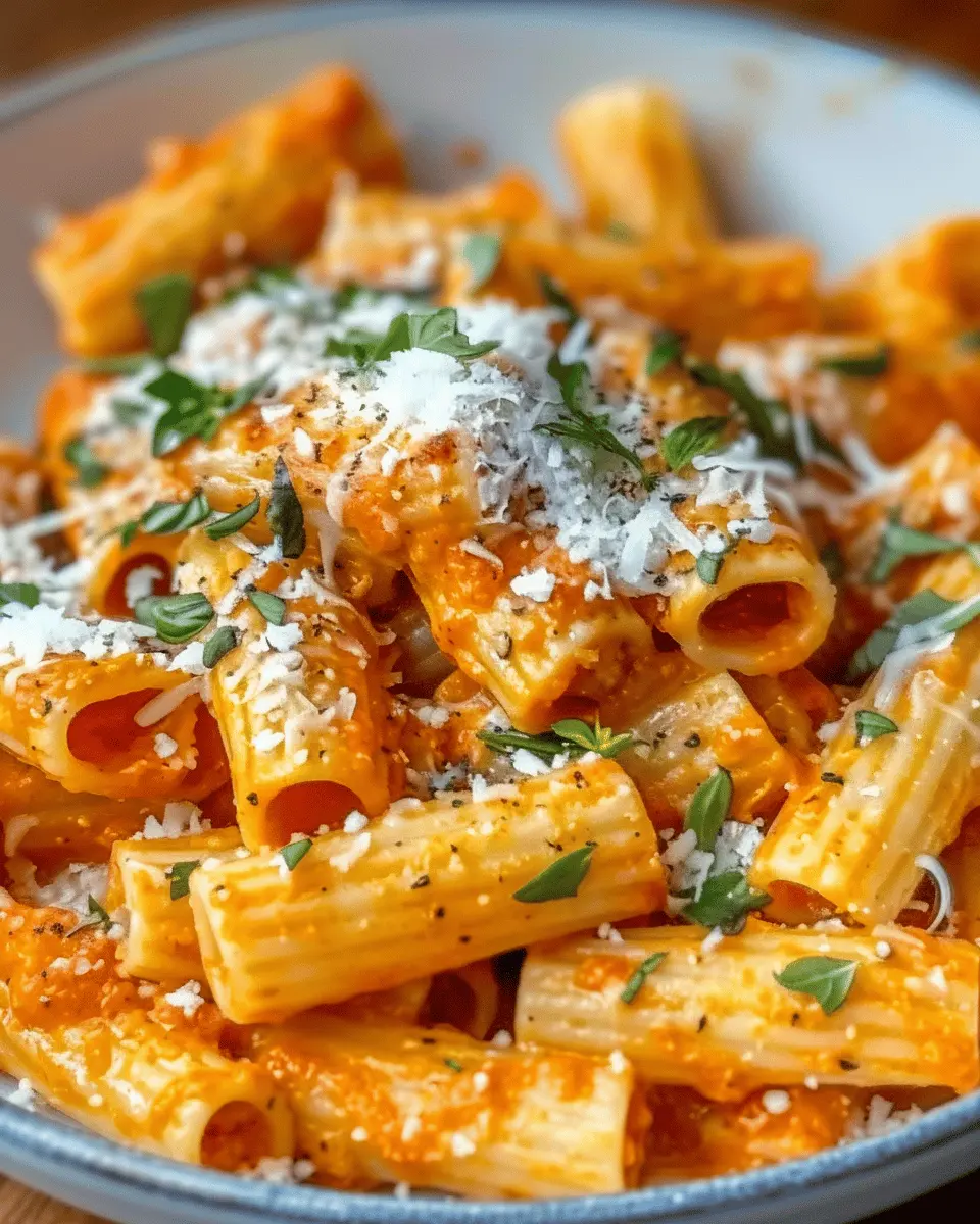 Creamy Tomato Garlic Rigatoni Pasta Recipe with Turkey Bacon Delight