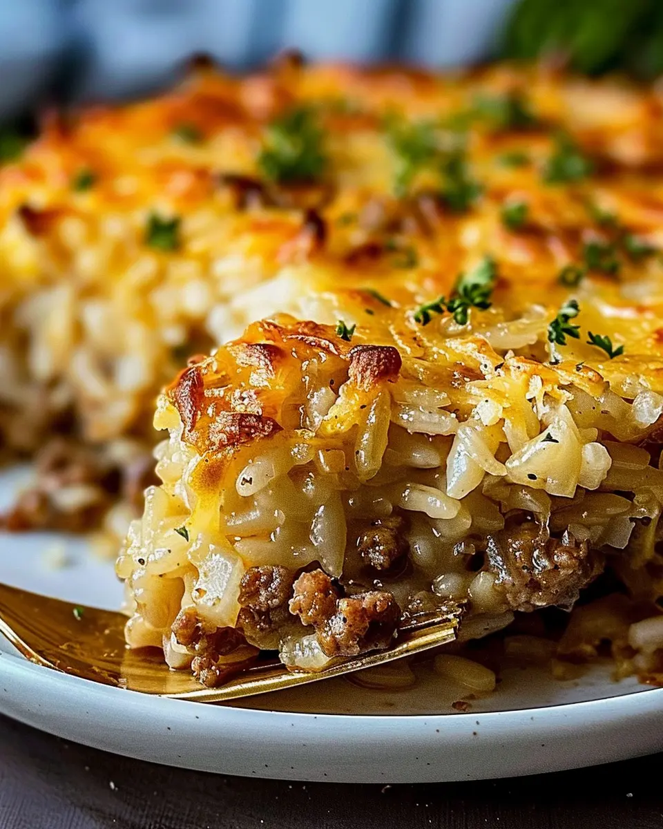 French Onion Ground Beef and Rice Casserole with Turkey Bacon Delight