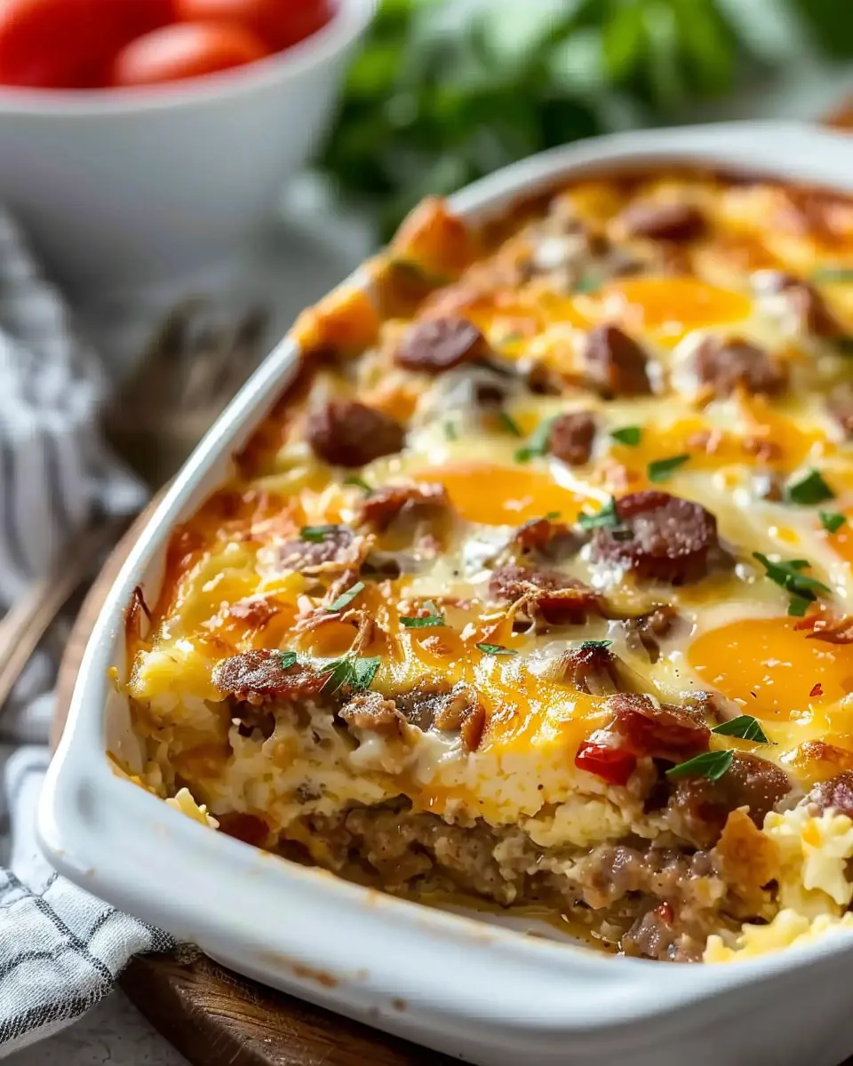 Easy Sausage and Egg Casserole with Turkey Bacon and Chicken Ham