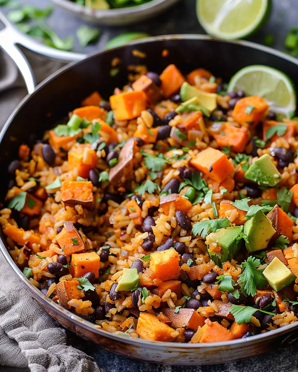 Southwest Sweet Potato, Black Bean and Rice Skillet Delight