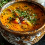 A steaming bowl of witches soup features a deep, rustic ceramic bowl filled with vibrant orange and green ingredients like carrots, herbs, and vegetables. The soup has a hearty, textured surface with herbs sprinkled on top. The bowl is placed on a dark wooden table, surrounded by magical symbols, candles, and mystical decorations, creating an enchanting and cozy atmosphere. Mystical Witch Soup Recipe for Cozy Nights