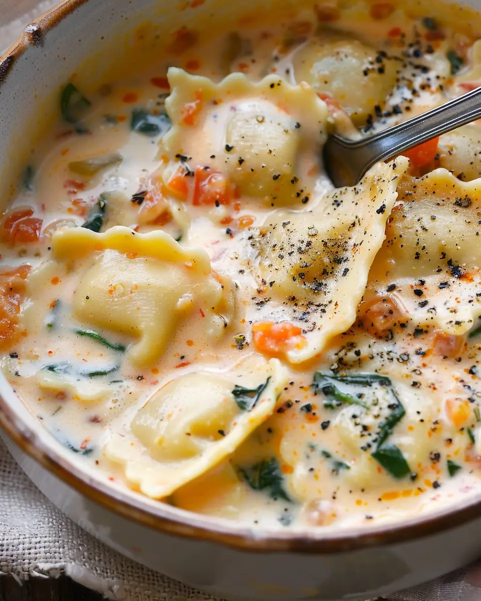 Creamy Tuscan Ravioli Soup with Turkey Bacon and Chicken Ham Delight