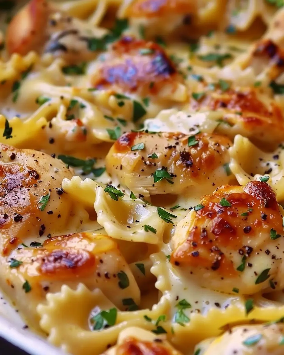 Mozzarella Garlic Butter Chicken Bowties in Indulgent Cheesy Cream