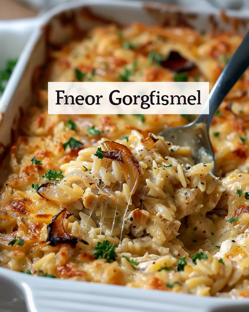 French Onion Chicken Orzo Casserole with Turkey Bacon Delight