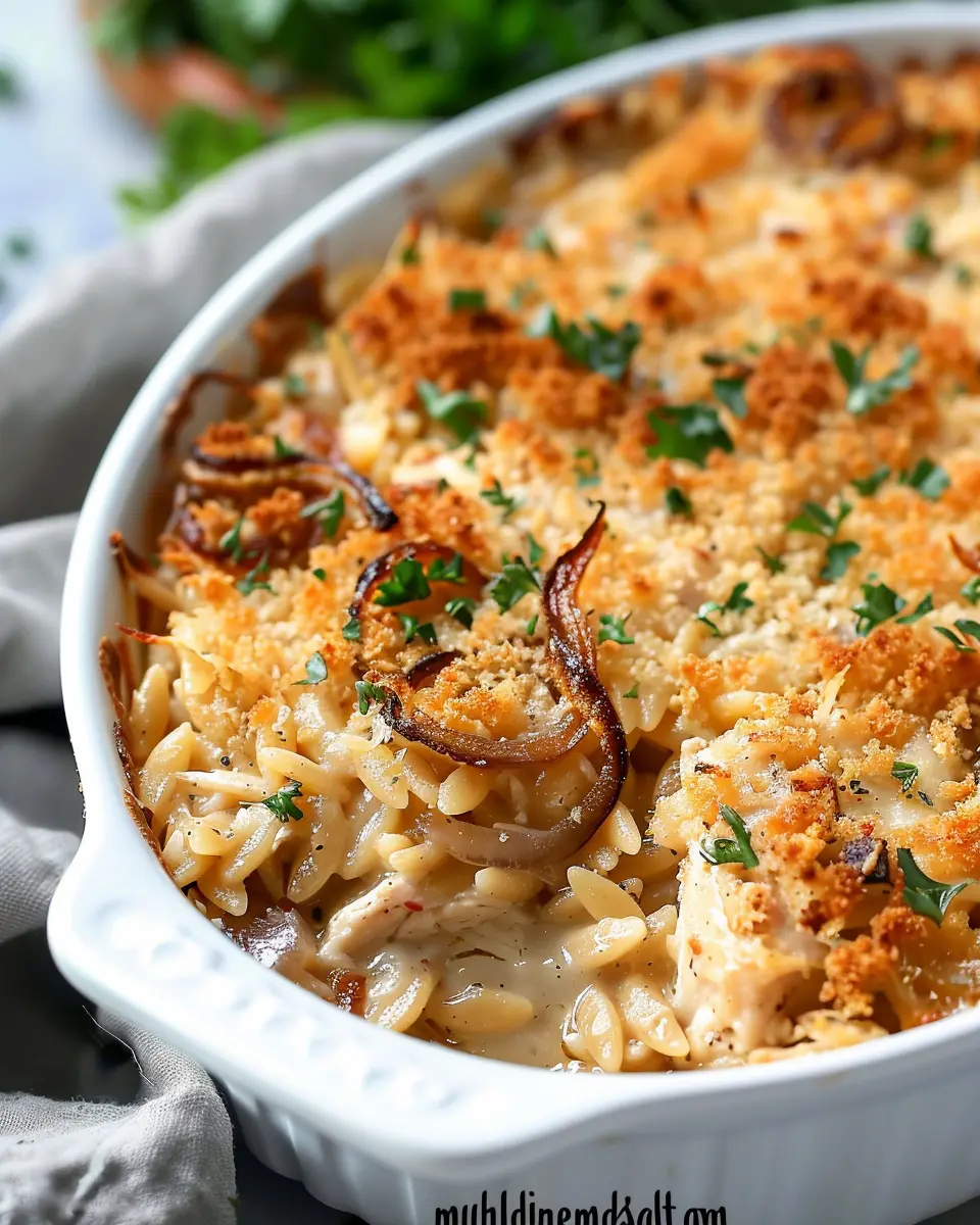 French Onion Chicken Orzo Casserole with Turkey Bacon Delight