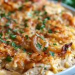 French Onion Chicken Orzo Casserole