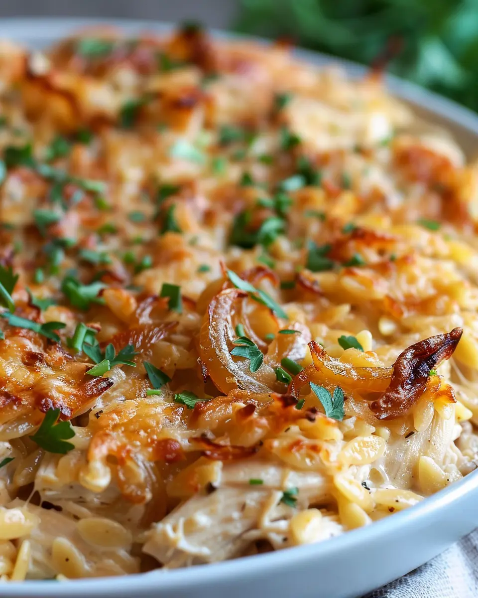 French Onion Chicken Orzo Casserole with Savory Turkey Bacon