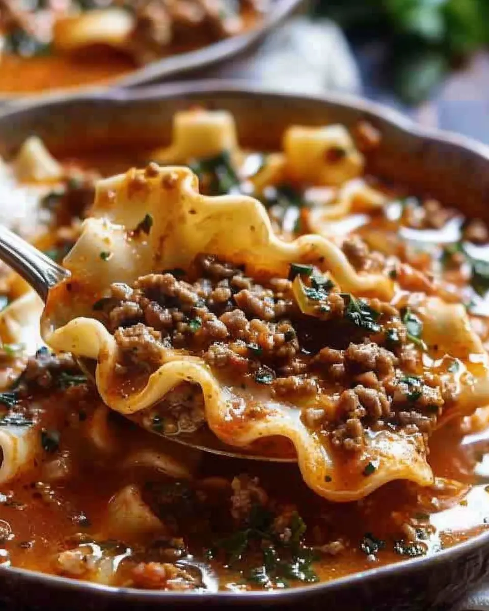 Mouthwatering One Pot Lasagna Soup with Turkey Bacon and Chicken Ham