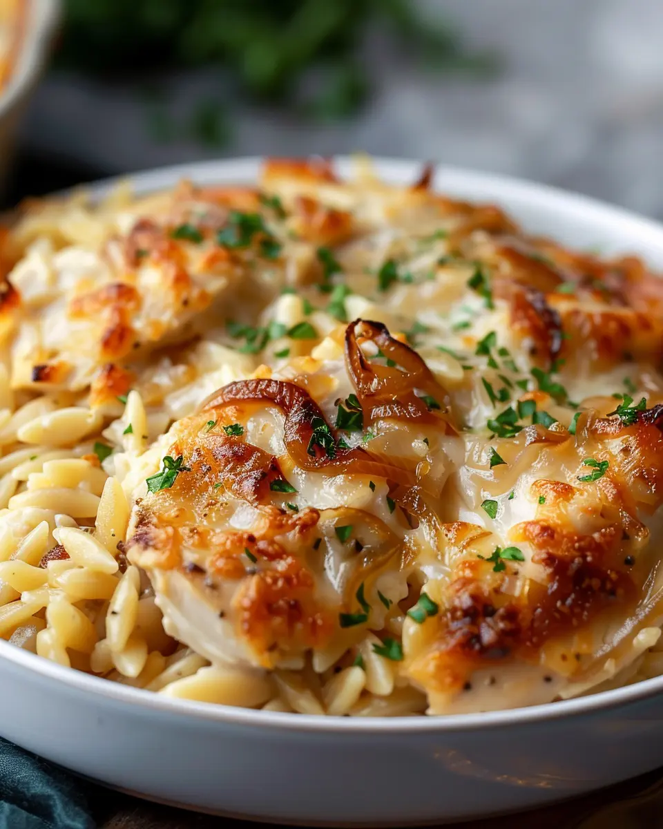 French Onion Chicken Orzo Casserole with Turkey Bacon Twist